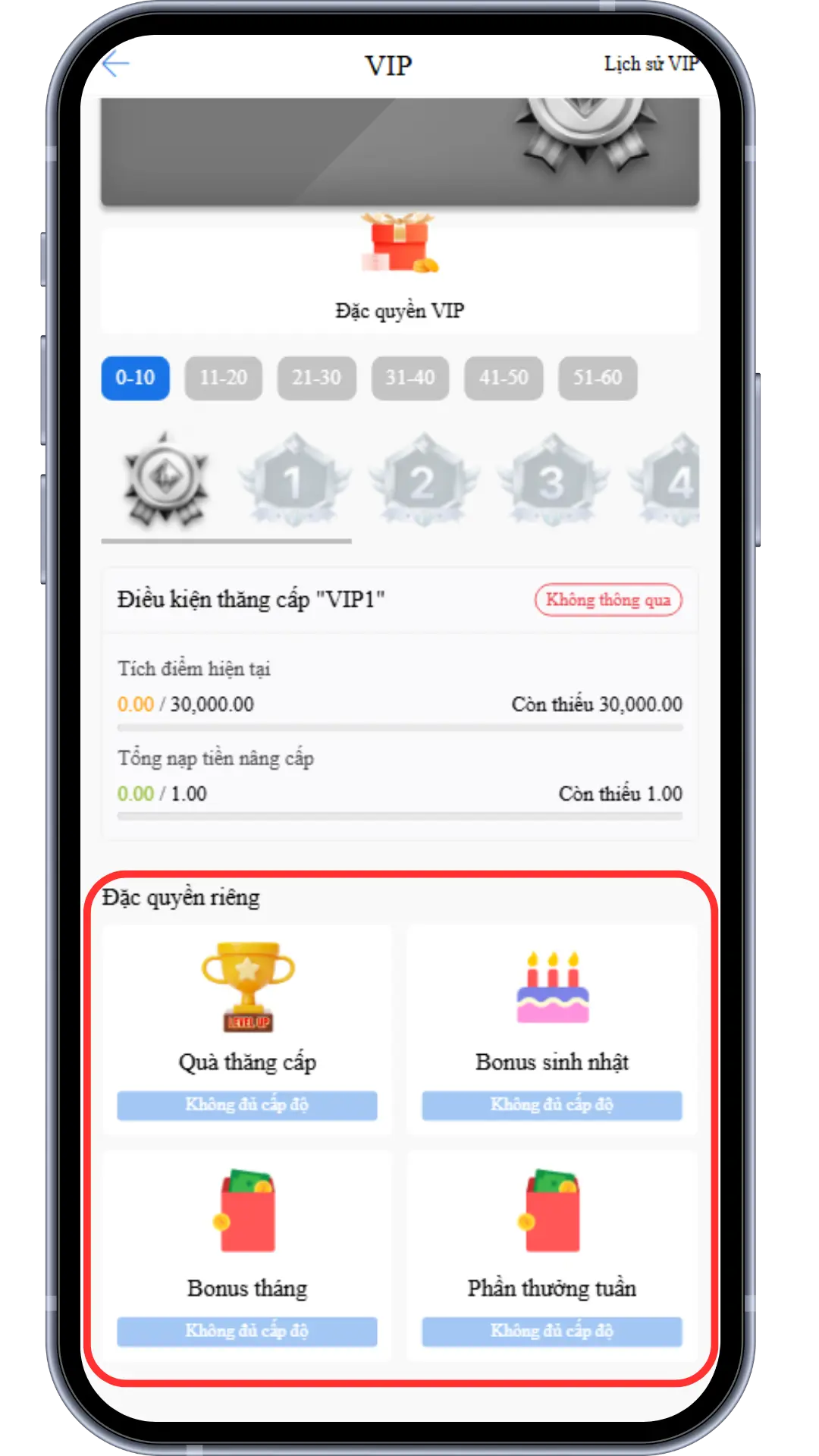 B3 : Tại phần " Đặc quyền riêng  " chọn nhận thưởng ( nếu có ) 